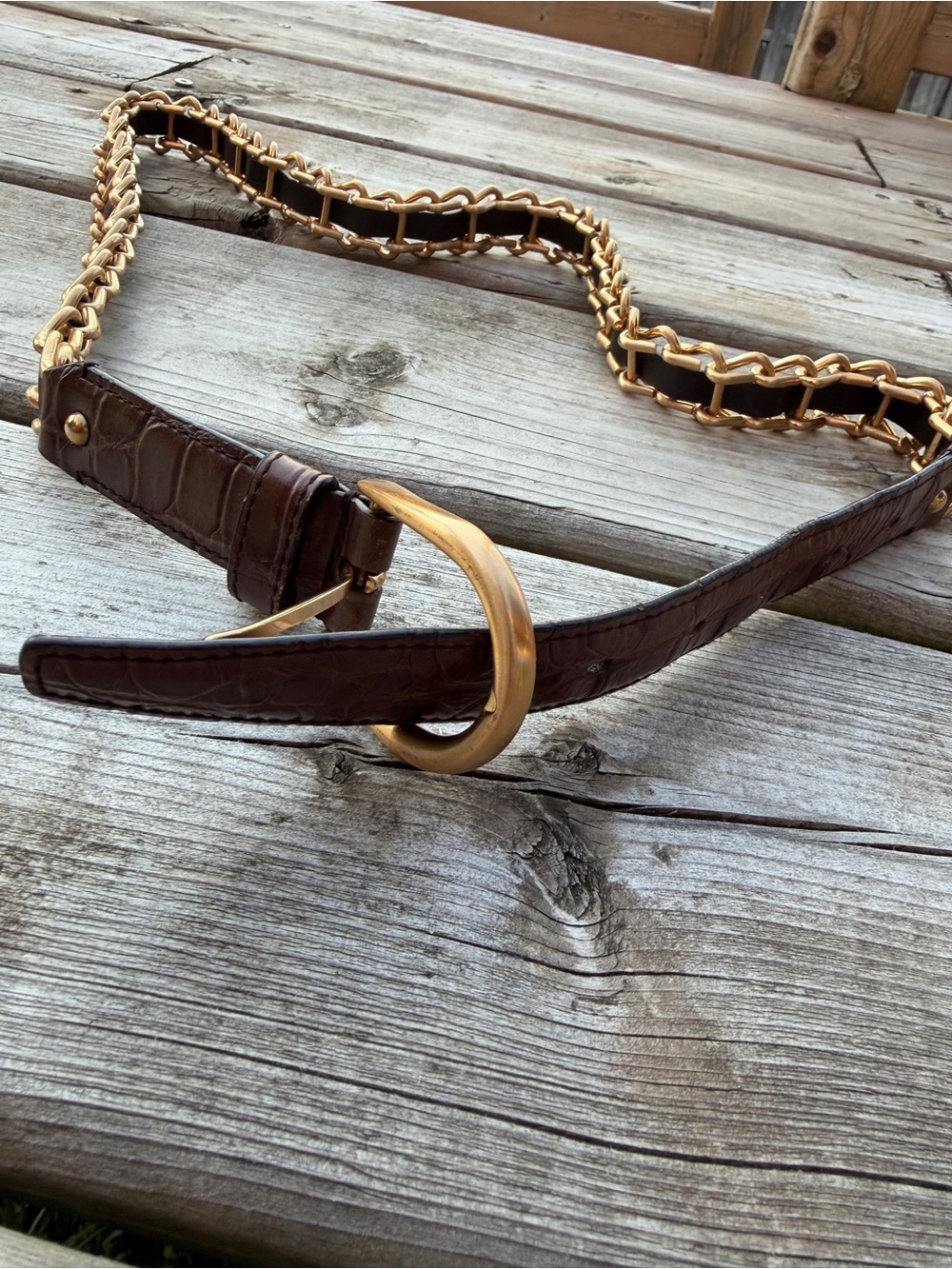 Miu Miu Croc Embossed Leather Chain Belt Brown Gold Made in Italy